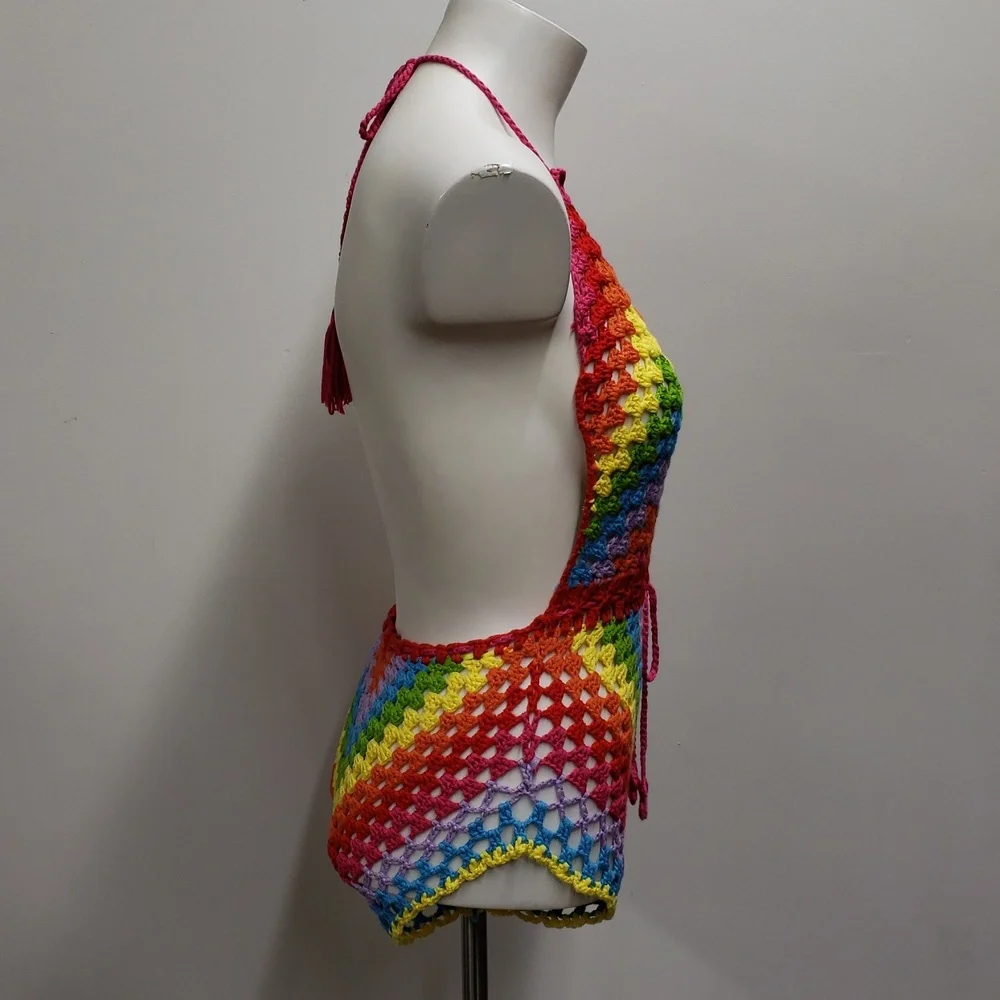 Color Block Open Knit Tassel Tie Backless Knot Waist Cami Romper Women's Size 6 - Picture 5 of 13